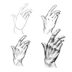 four different hands reaching up and down to reach the viewer's hand, all in black and white