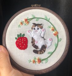 #cat #strawberry #embroidery #design Cat And Strawberry, Strawberry Cat, Animal Embroidery, Hand Embroidery Pattern, Hand Embroidery Art, Elements Of Design, Satin Stitch