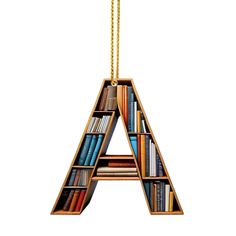 a hanging bookcase shaped like the letter a with books on it's shelves