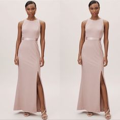 two images of a woman in a pink dress and one is wearing a high slit skirt