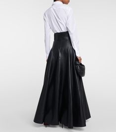 Chic Long Leather Skirt, Leather Skirt For Evening In Spring, Leather Skirt For Spring Evenings, Spring Leather Long Skirt, Elegant Long Leather Skirt, Formal Flared Leather Skirt, Formal Leather Flared Skirt, Evening Faux Leather Skirt, Elegant Evening Faux Leather Skirt