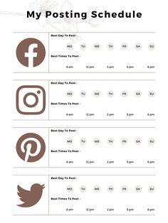 an info sheet with different social icons and the words, my posting schedule on it