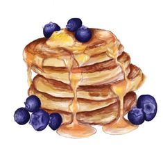 a drawing of pancakes with blueberries on top and syrup drizzled over them