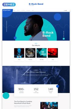 the music band website is displayed in blue and white colors, with an image of a man