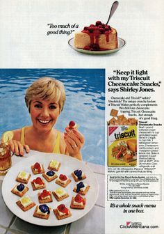 an advertisement for crackers featuring a woman holding a plate with desserts on it