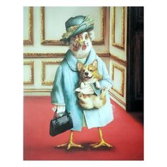 a painting of a dog dressed as a clown holding a purse