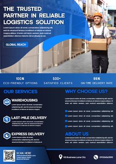 a blue and black business flyer with a man carrying a box in the middle of it