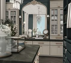 a large mirror sitting on top of a counter next to a sink and cabinets in a kitchen