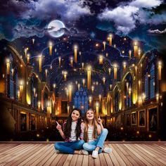 Great Hall of Wizard's Castle with flying candles. Wall mural, peel & stick removable decal, self-adhesive vinyl, fabric tapestry, backdrop, nonwoven wallpaper.  Made in Europe. German and Italian materials. Comes rolled in a durable tube. If you need CUSTOM size just write us! Delivered in several strips and slightly overlap for easy installation. No gaps. Option 1 - Self-adhesive peel and stick removable wallpaper: * It can be installed to any smooth surfaces. * Application requires no paste or glue. Just peel and stick! * Detailed instruction will be attached to your order. * Removable without damaging the surface Option 2 - Nonwoven wallpaper: * It can be installed to any surfaces even textured. * Needs glue for vinyl wallpapers with paper backing. * Beautiful slightly textured finish. 3d Wall Wallpaper, Harry Potter Decor Ideas, Castle Mural, Tapestry Backdrop, Sticky Wallpaper, Wallpaper Decal, Disney House, Harry Potter Room Decor, Harry Potter Bedroom