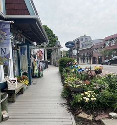 a sidewalk lined with lots of flowers and plants on both sides of the walkway is a row of storefronts