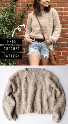 an image of a woman wearing a sweater and shorts with the text free crochet pattern