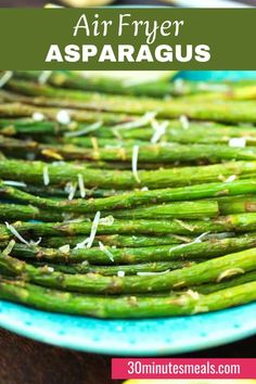 air fryer asparagus on a blue plate