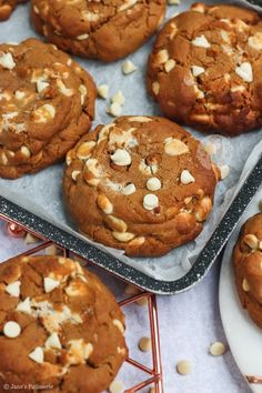 cookies with white chocolate chips are on a tray