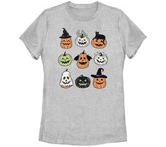 Skip the patch and bring a field of pumpkins to your autumn wardrobe with this heather gray tee, featuring nine fun jack-o'-lantern designs, one accented by a mischievous black cat. From Fifth Sun. Lantern Designs, Jack O Lanterns, Autumn Wardrobe, Halloween Jack O Lanterns, Halloween Jack, Halloween Women, Jack O, Halloween Pumpkin, Fall Wardrobe