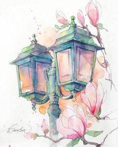 a watercolor painting of two street lamps and flowers