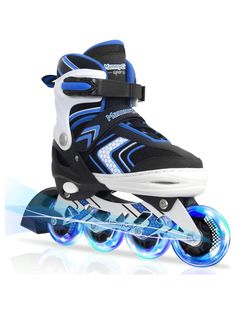 the roller skates are blue and white