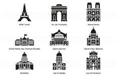 different types of buildings and their names in black on a white background, including the eiffel tower