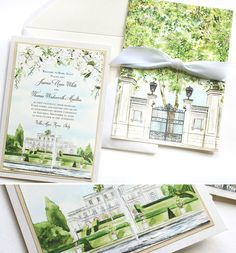 the wedding stationery is decorated with watercolors