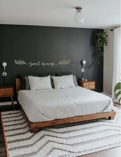 a bedroom with a bed, rug and two lamps on either side of the bed