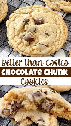 cookies with chocolate chips on top and the words better than costo chocolate chunk cookies