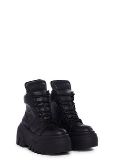 Darker Wavs Vegan Leather High Top Platform Sneakers - Black – Dolls Kill Black Rave Boots, Dolls Kill Black Boots, All Black Accessories, Cool Black Sneakers, Front View Shoes, Black Aesthetic Shoes, Chunky Black Sneakers, Goth Sneakers