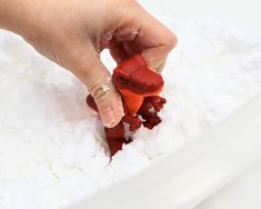 a person is playing with some food in the snow while holding their hand out to grab it