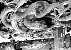 a black and white drawing of a snake on top of a building with city buildings in the background