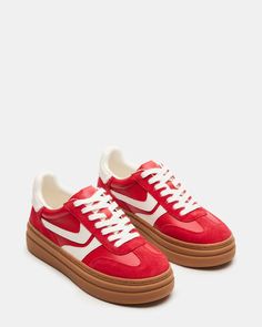 DODGE RED MULTI Red Platform Sneakers, Red Sneakers Outfit, Red Tennis Shoes, Steve Madden Platform Sneakers, Tennis Shoes Outfit, Red Platform, Steve Madden Sneakers, Fall Mood, Fab Shoes