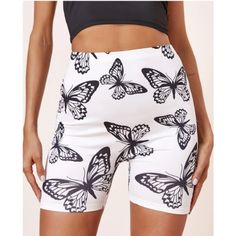 White Biker Shorts With Black Butterfly Print Size 4 Size 12 Athleisure Yoga Pants, White Biker Shorts, Short Biker, Butterfly Black And White, White Spandex, Hip Style, Sports Shorts Women, Short Women, Black Activewear