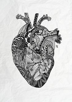 a black and white drawing of a heart with lots of different things on it's side