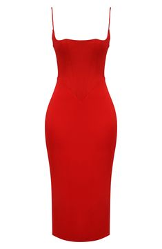 A corset-inspired bodice elevates the appeal of a mid-length dress fashioned with a slit at the hem for ease of movement. 49" length Square neck Adjustable straps Lined 100% polyester with 95% polyester, 5% elastane contrast Dry clean Imported Red Date Night Dress, F1 Clothes, Red Leather Dress, Ideal Aesthetic, Outfits Concert, Red Bandage Dress, Red Slip Dress, Corset Midi Dress, Red Midi