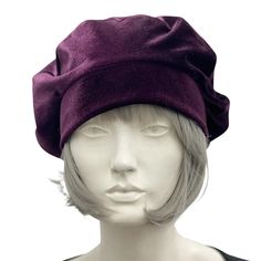 Beret for Women in Velvet Eggplant Plum and Satin Lined – Boston Millinery Vintage Short Brim Purple Hat, Vintage Purple Hat With Short Brim, Adjustable Bonnet For Church, Elegant Flat Cap, One Size Fits Most, Elegant One-size Flat Cap, Elegant One Size Fits Most Flat Cap, Purple Hat For Fall, Short Brim Hat For Church, One Size Fits Most, Purple One-size Hat For Fall