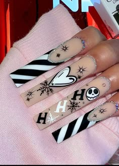 Bridal Nails Coffin, X Mas Nails, Wedding Nails Fall, Christmas Nail Designs Acrylic, Nail Inspo Ideas, Nightmare Before Christmas Nails, Nail Designs Acrylic, Fake Nails Long