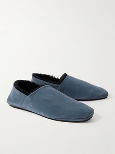 DESIGNED BY MR PORTER. Mr P.'s shearling-lined 'Babouche' slippers are guaranteed to keep your feet snug. Made from smooth suede, they have a squared-toe and gripped rubber soles, so you can step outside to collect the post or a take-away. Babouche Slippers, Mr P, Slippers For Men, Suede Slippers, Blue Suede, Mr Porter, Porter, Slippers, Women Wear