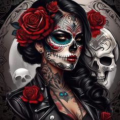 a woman with red roses in her hair and skull tattoos on her face is wearing a black leather jacket