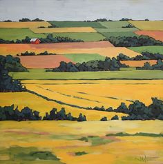 an oil painting of yellow fields and trees