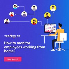 a man sitting at a desk in front of a monitor with people on it and the words trackclap how to monitor employees working from home?