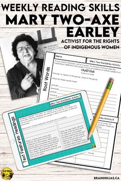 Our reading sets include a reading passage and ten word or comprehension activities related to the topic. Lesson plans, mini lessons, student pages in paper and digital versions, answer keys and extension activities are included in each set. This set is all about Mary Two-Axe Earley. It's perfect for Women's History Month, Canadian History or learning about civil rights. Come learn more and get your week of language arts lessons planned in minutes. Indigenous Women