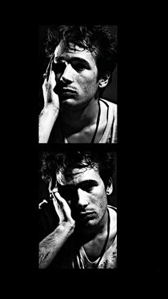 three black and white photos of a man talking on a cell phone with his hand to his ear