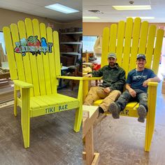 two men are sitting in yellow chairs made to look like they're having fun