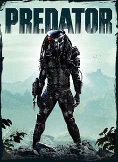 the predator movie poster with an alien standing on top of a rock in front of mountains