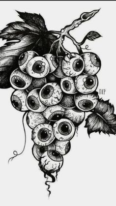 a bunch of grapes with evil eyes and leaves on the vine, drawn by hand