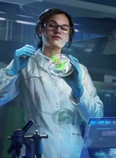 a woman in white lab coat holding up a glass bowl with green plant growing out of it