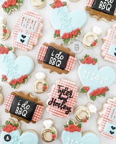 decorated cookies are displayed on a table