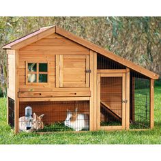 a wooden chicken coop with two chickens in it