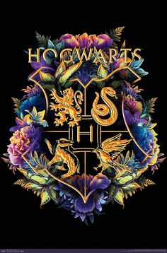 the hogwarts crest is surrounded by flowers and leaves on a black background with gold lettering