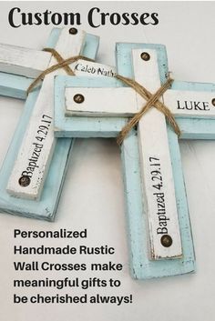 a wooden cross with two names on it and a rope hanging from the bottom that says, custom crosses personalized handmade rustic wall crosses make meaning gifts to be cher