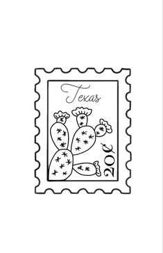 a postage stamp with the word texas on it and a cactus in the middle, surrounded by stars