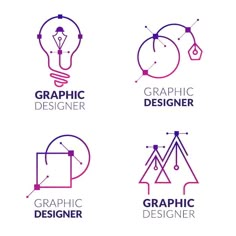 four different logos for graphic designer, including one with a light bulb and the other with a