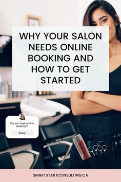 a woman standing with her arms crossed and texting why your salon needs online booking and how to get started